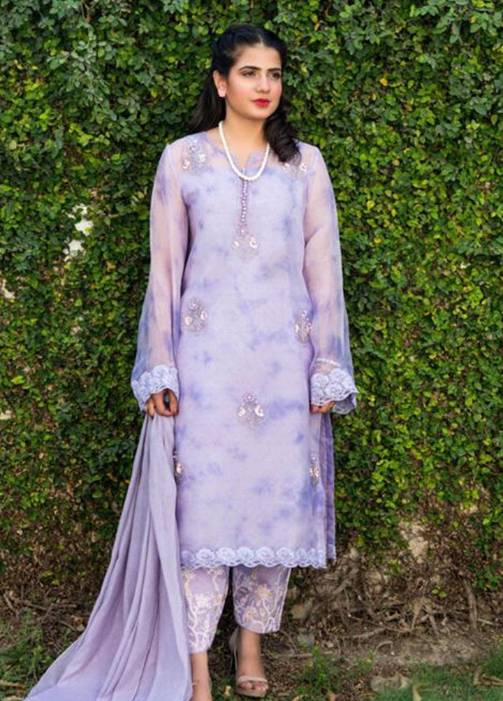 Hues Atelier Pret Embroidered Organza 3 Piece Suit HA23LP Lilac Tie And Dye