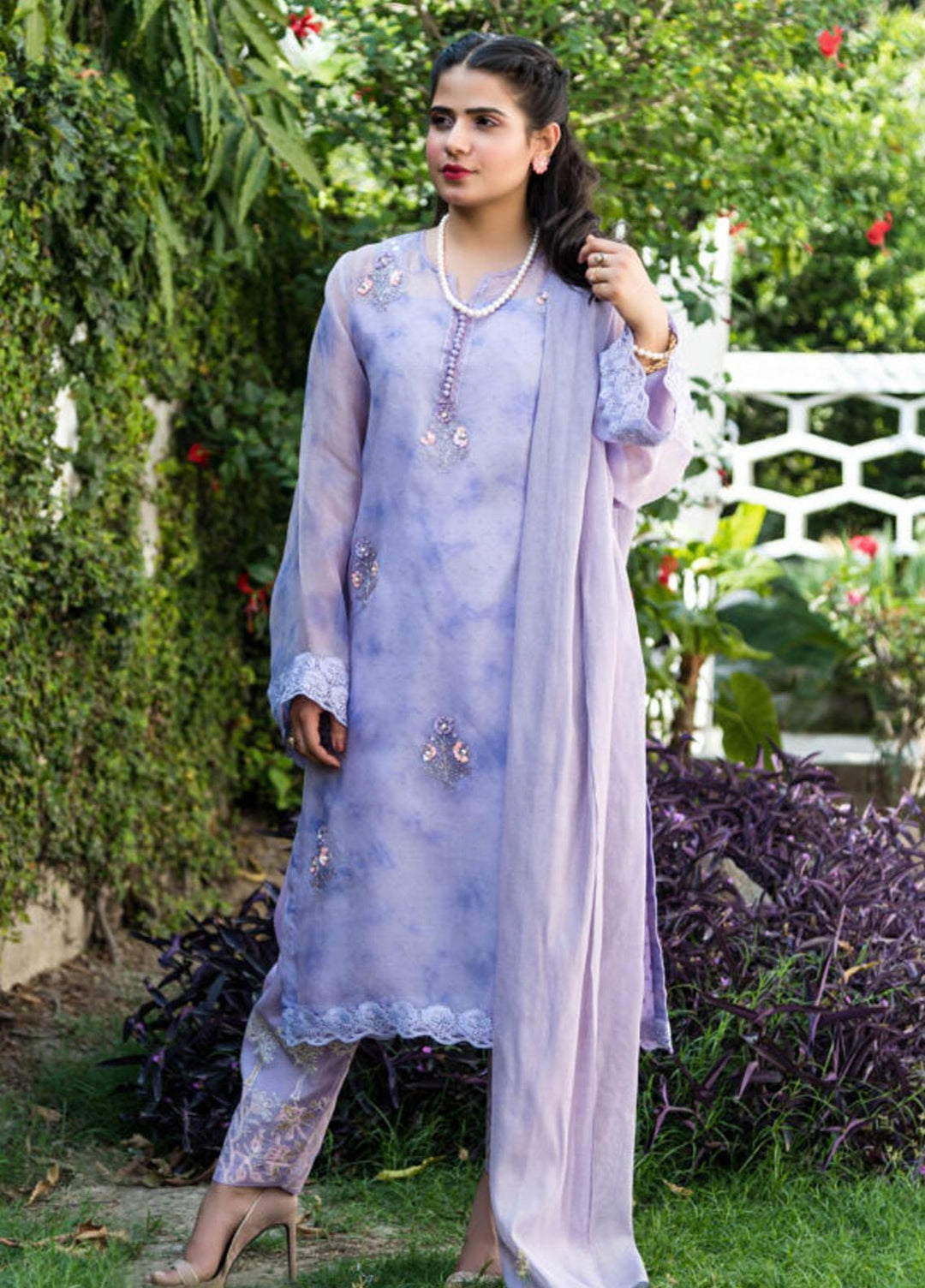 Hues Atelier Pret Embroidered Organza 3 Piece Suit HA23LP Lilac Tie And Dye