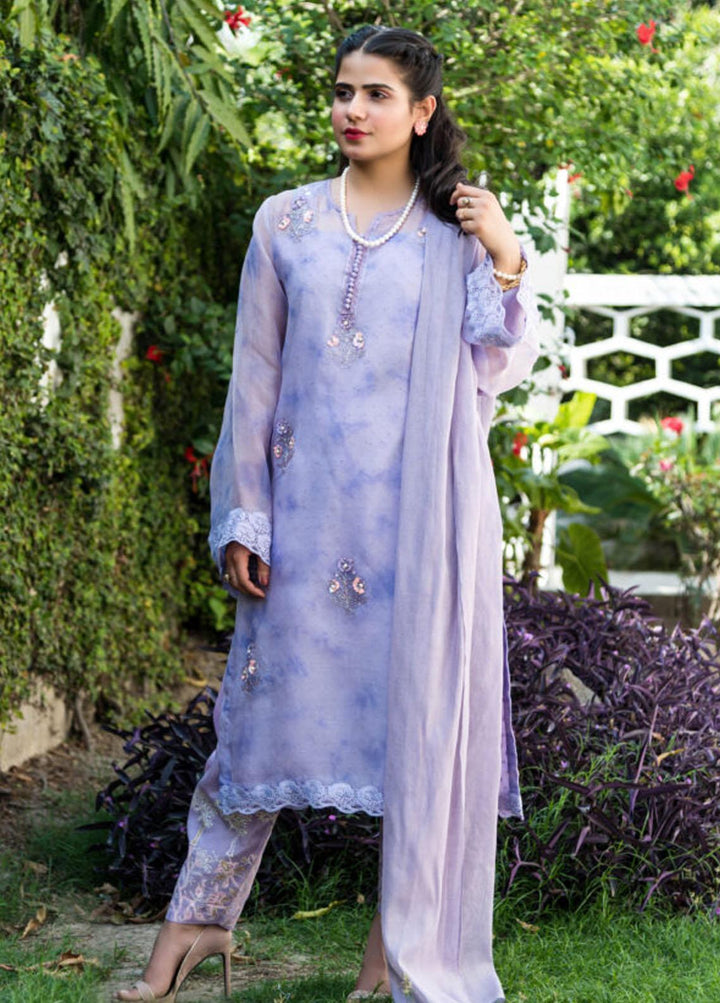 Hues Atelier Pret Embroidered Organza 3 Piece Suit HA23LP Lilac Tie And Dye