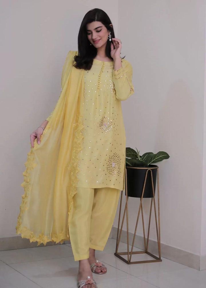 Hues Atelier Pret Embroidered Raw Silk 3 Piece Suit HA23LP Lime Mukaish