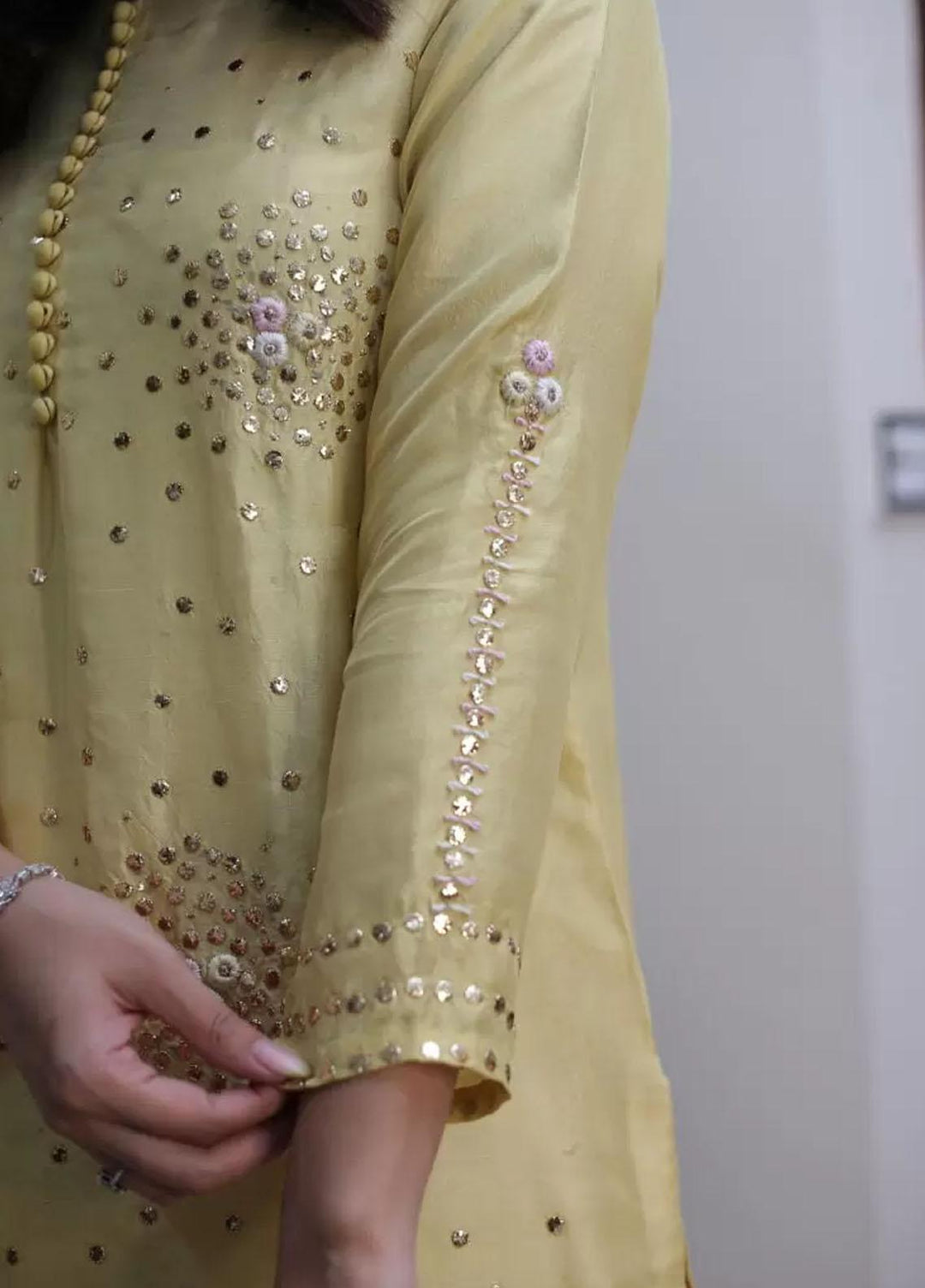 Hues Atelier Pret Embroidered Raw Silk 3 Piece Suit HA23LP Lime Mukaish