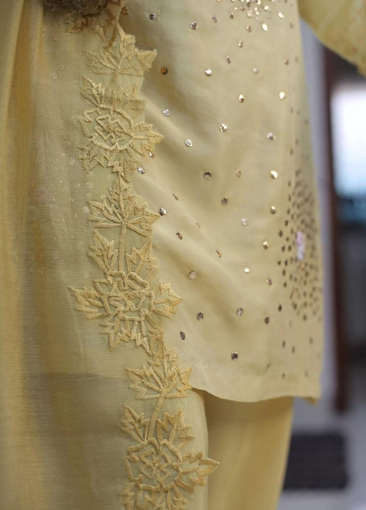 Hues Atelier Pret Embroidered Raw Silk 3 Piece Suit HA23LP Lime Mukaish