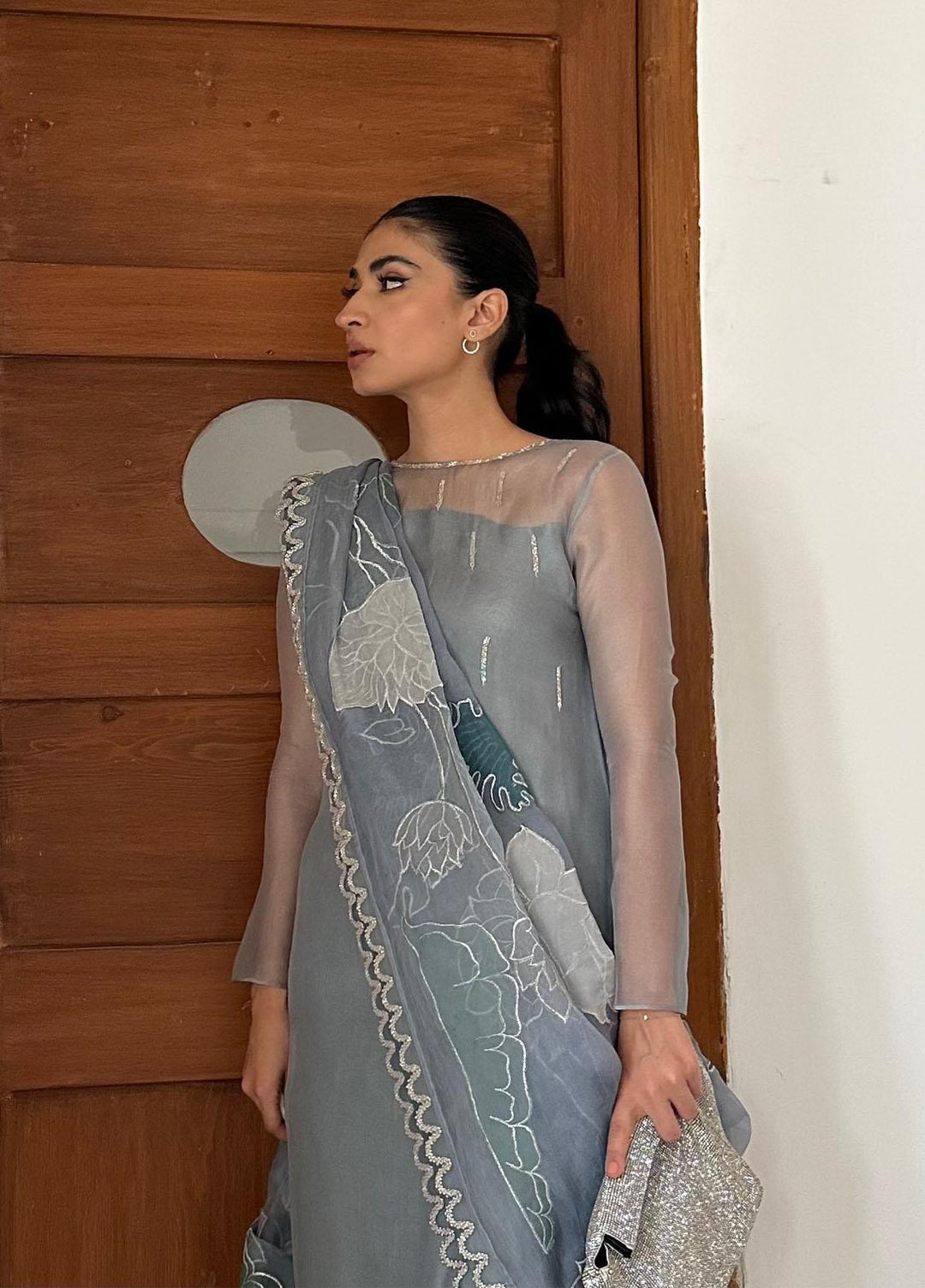 Hues Atelier Pret Embroidered Organza 3 Piece Suit HA23LP Lotus Drape Ensemble