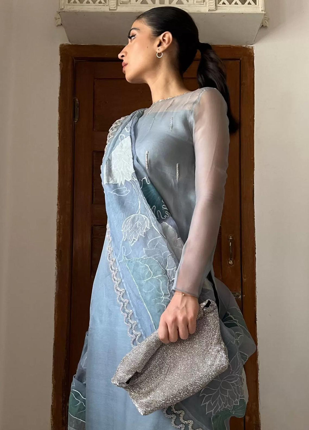 Hues Atelier Pret Embroidered Organza 3 Piece Suit HA23LP Lotus Drape Ensemble