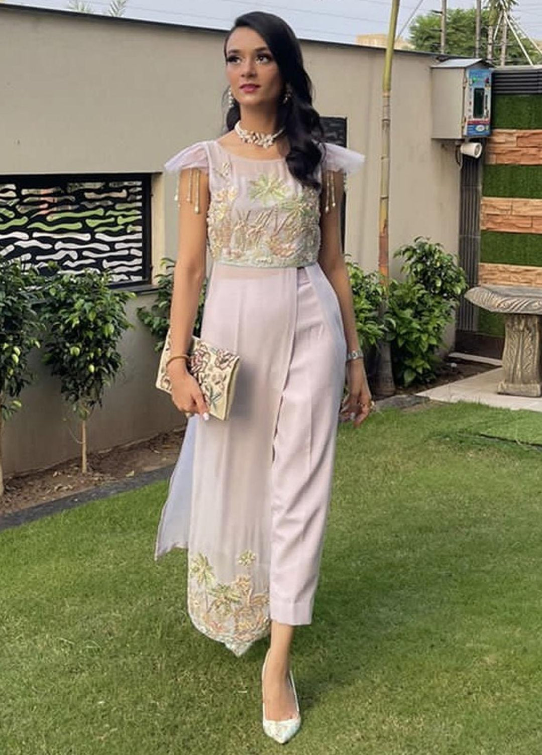 Hues Atelier Pret Embroidered Chiffon 2 Piece Suit HA23LP Lotus Palm