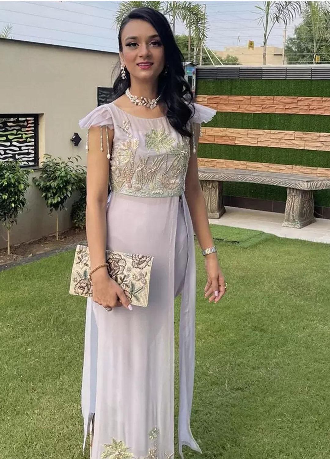 Hues Atelier Pret Embroidered Chiffon 2 Piece Suit HA23LP Lotus Palm