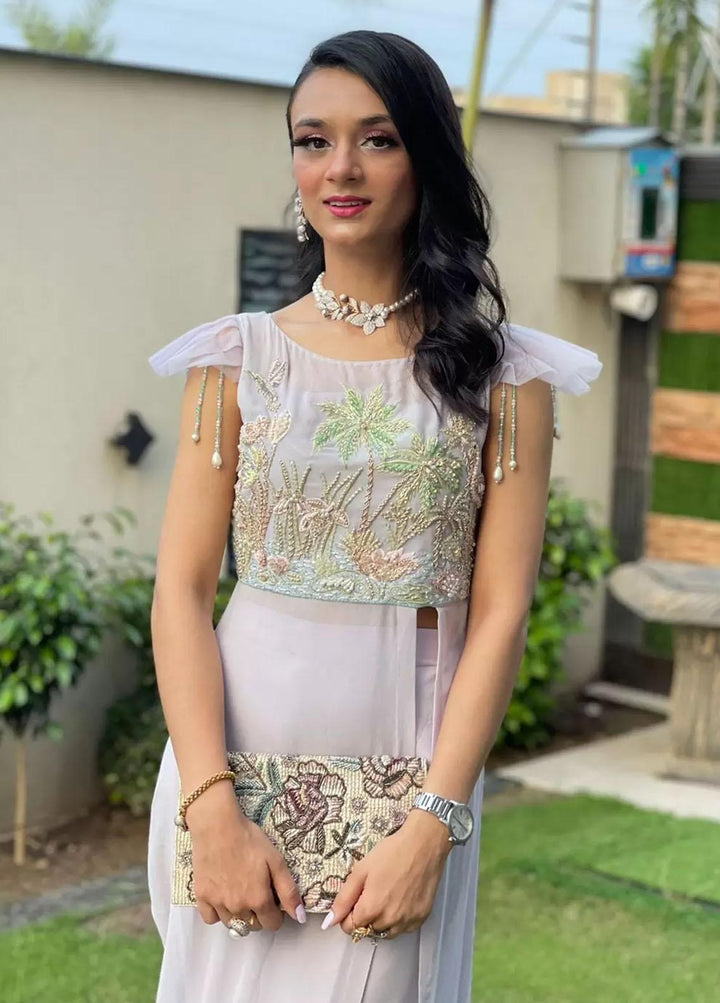 Hues Atelier Pret Embroidered Chiffon 2 Piece Suit HA23LP Lotus Palm