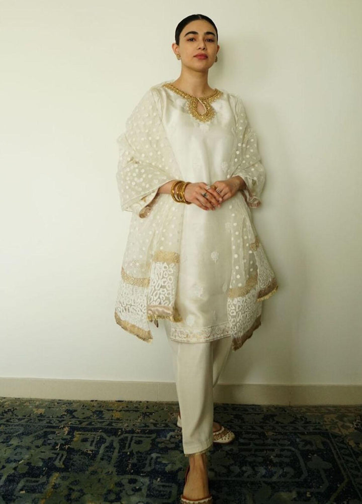 Hues Atelier Pret Embroidered Raw Silk 3 Piece Suit HA23LP Marori White