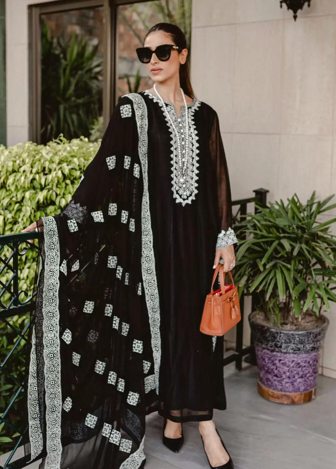 Hues Atelier Pret Embroidered Cotton Net 3 Piece Suit HA23LP Monochrome