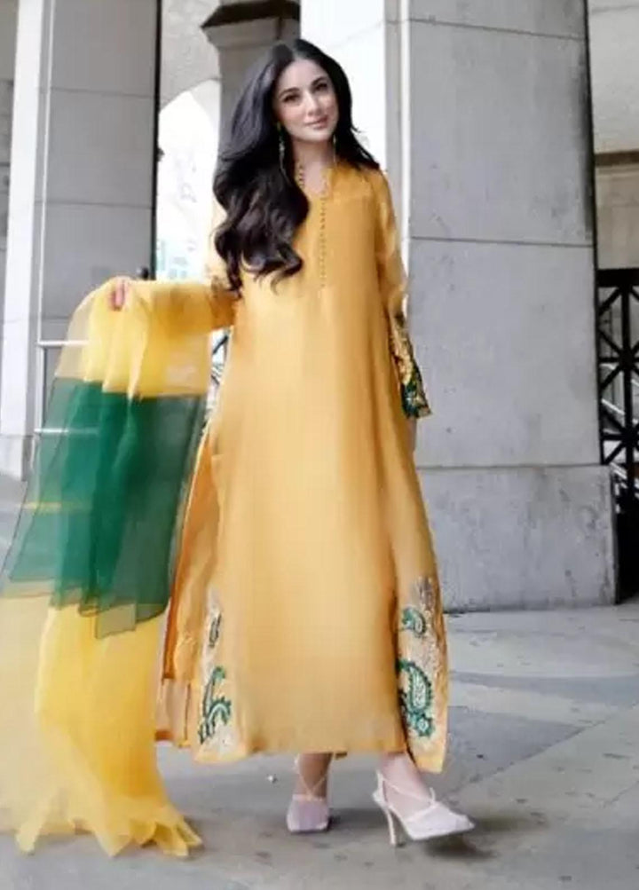 Hues Atelier Pret Embroidered Cotton Net 3 Piece Suit HA23LP Mustard Rome