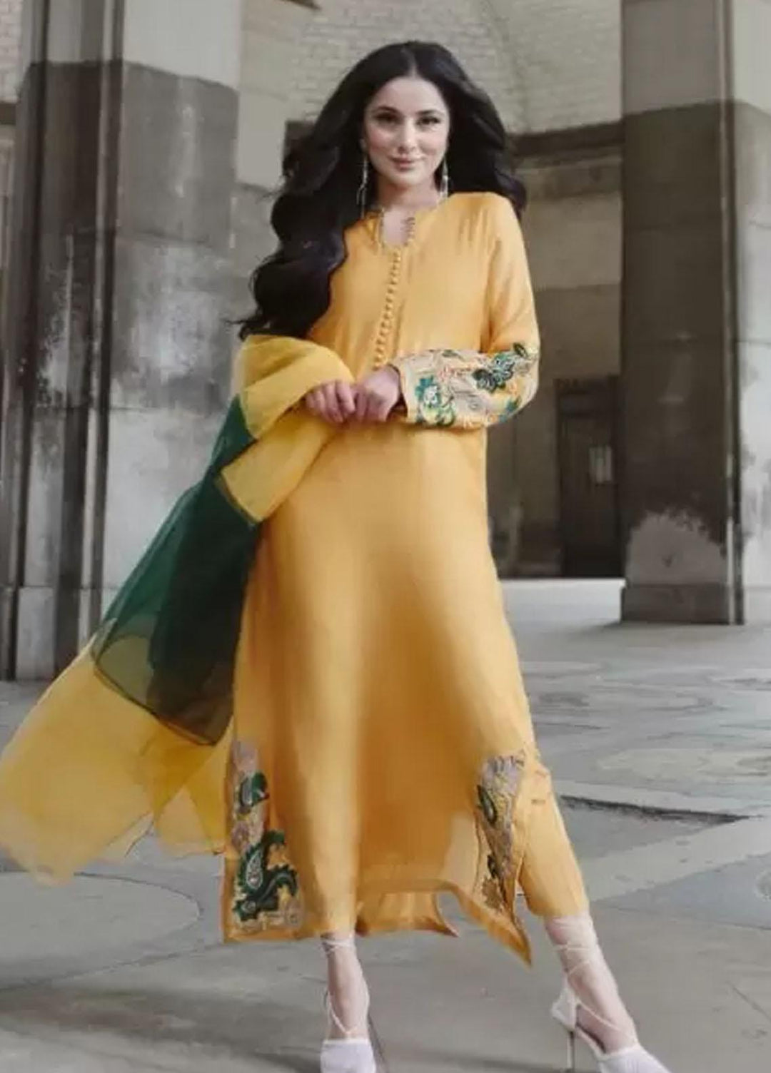 Hues Atelier Pret Embroidered Cotton Net 3 Piece Suit HA23LP Mustard Rome