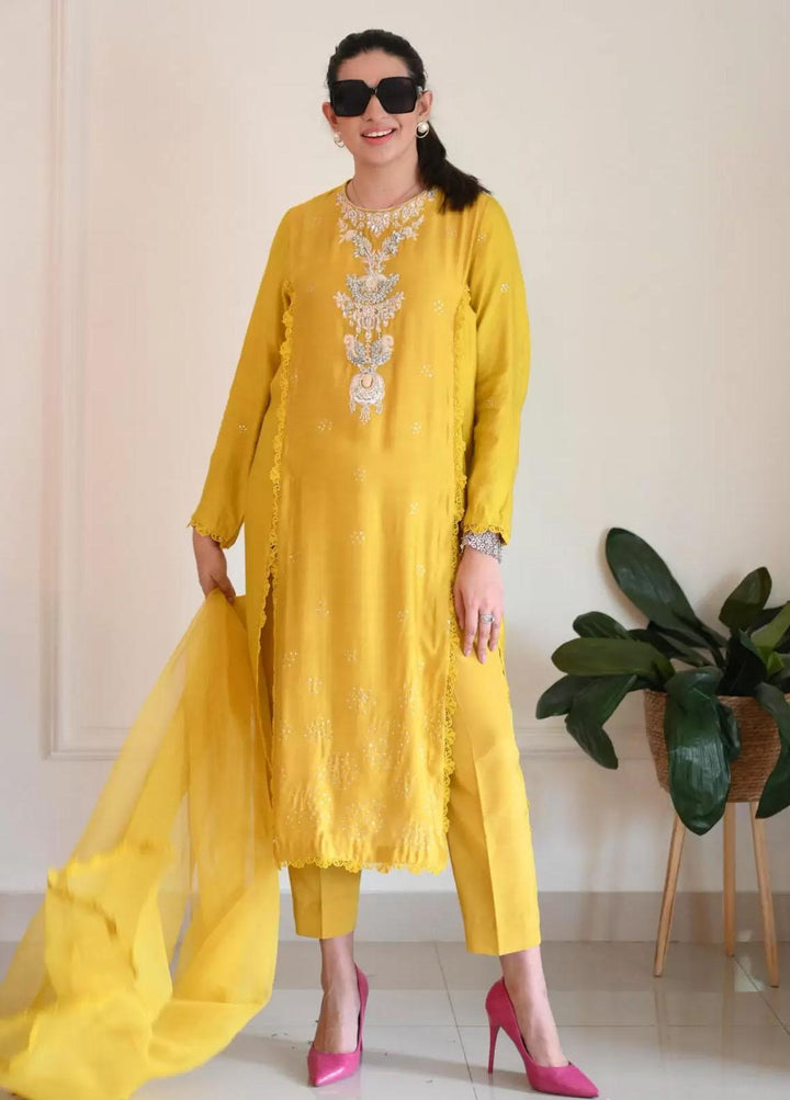 Hues Atelier Pret Embroidered Cotton Net 3 Piece Suit HA23LP Mustard Slit
