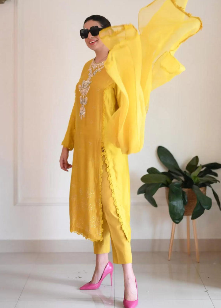 Hues Atelier Pret Embroidered Cotton Net 3 Piece Suit HA23LP Mustard Slit