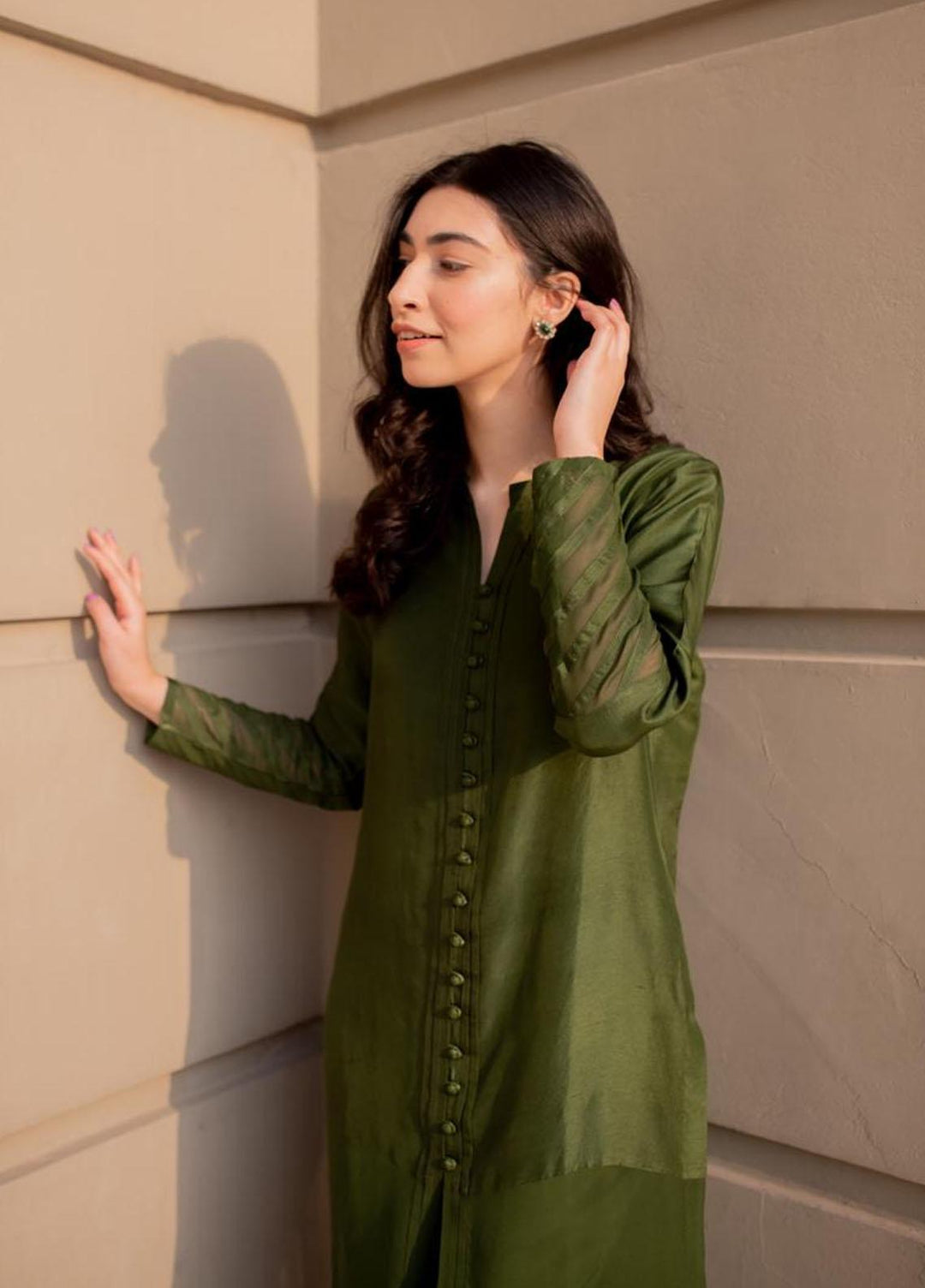 Hues Atelier Pret Embroidered Raw Silk 2 Piece Suit HA23LP Olive Fringe