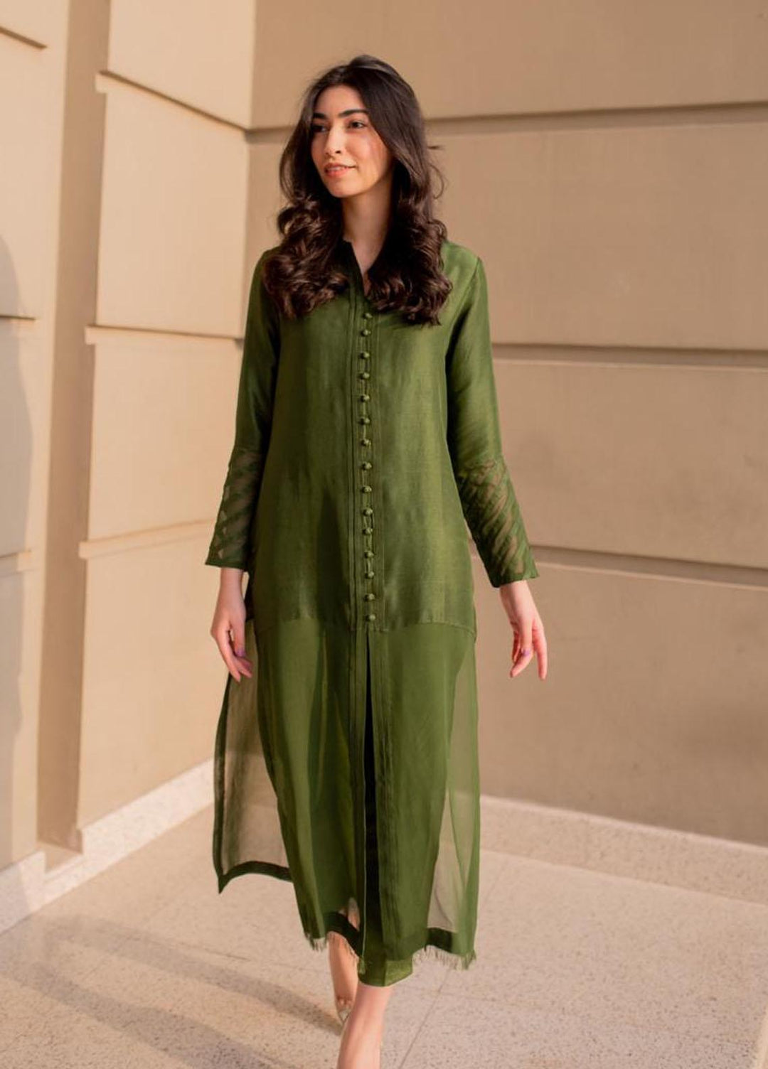 Hues Atelier Pret Embroidered Raw Silk 2 Piece Suit HA23LP Olive Fringe