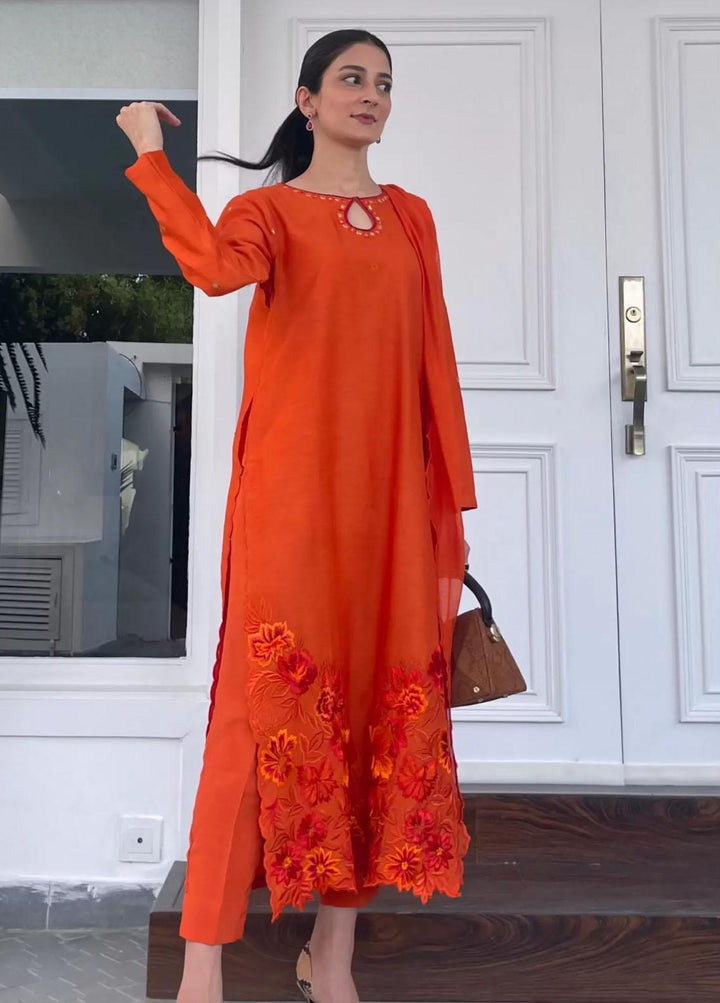 Hues Atelier Pret Embroidered Cotton Net 3 Piece Suit HA23LP Orange Bouquet