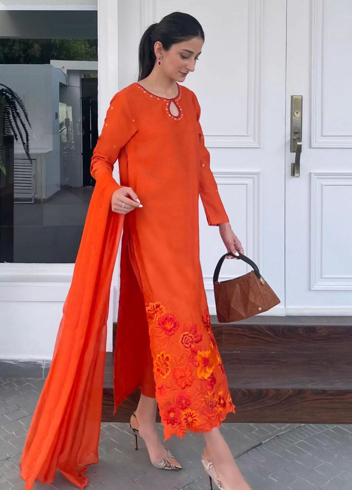 Hues Atelier Pret Embroidered Cotton Net 3 Piece Suit HA23LP Orange Bouquet