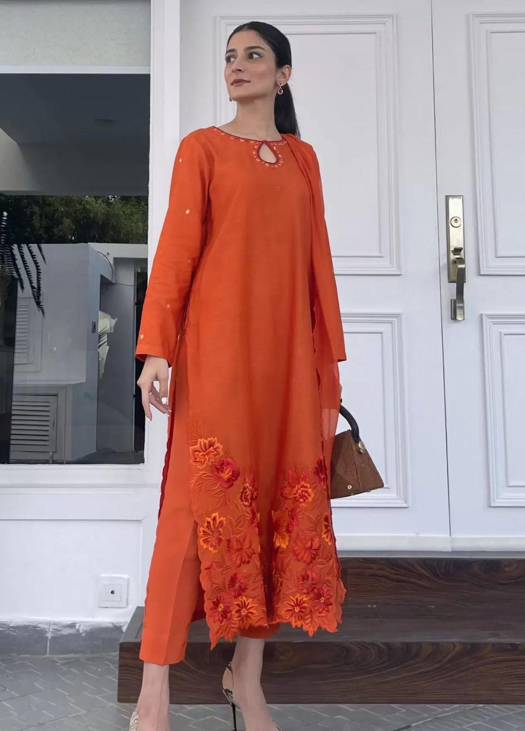 Hues Atelier Pret Embroidered Cotton Net 3 Piece Suit HA23LP Orange Bouquet