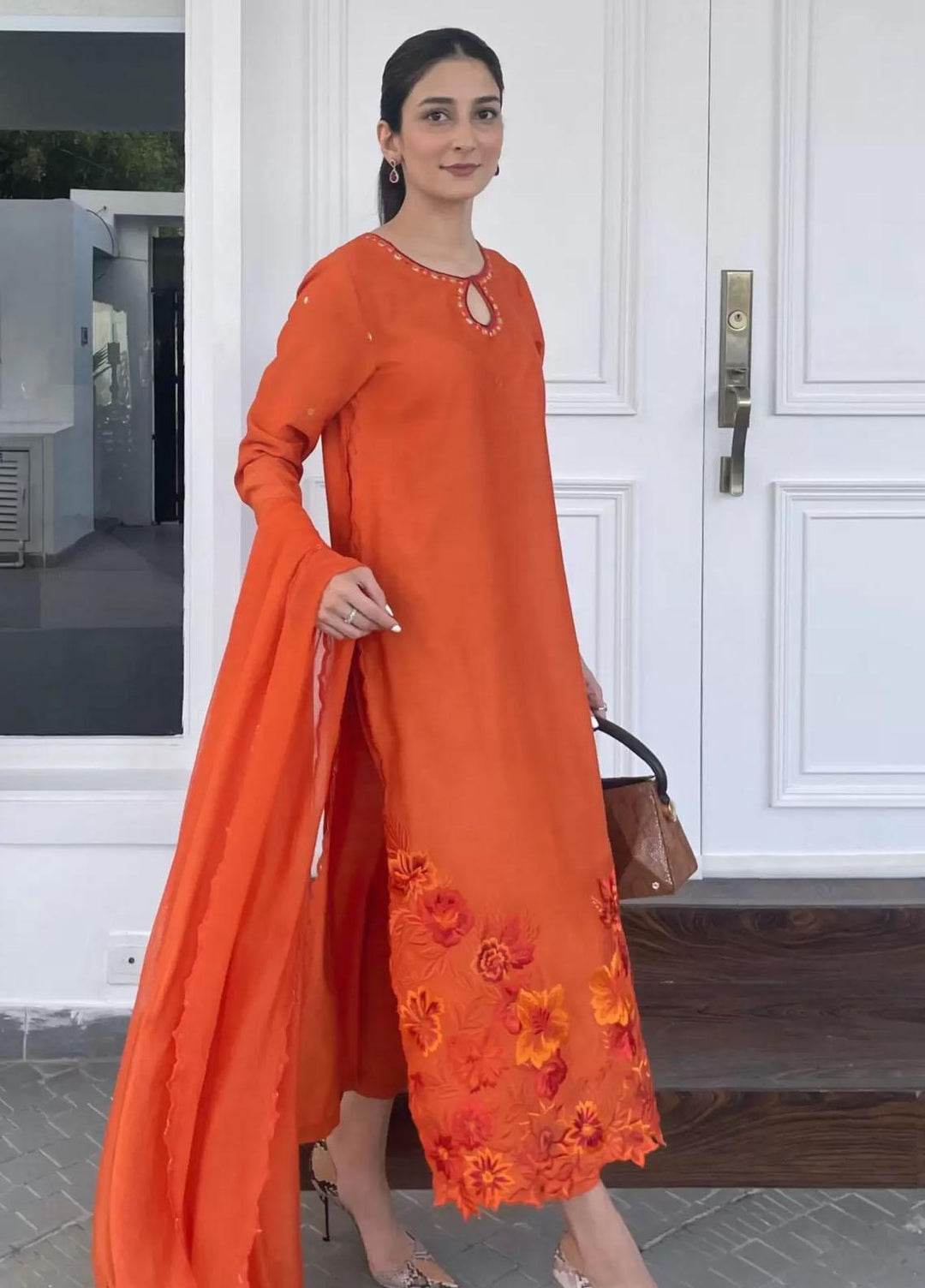 Hues Atelier Pret Embroidered Cotton Net 3 Piece Suit HA23LP Orange Bouquet