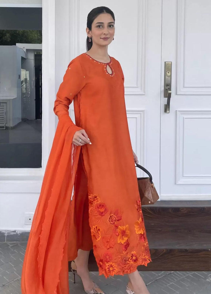 Hues Atelier Pret Embroidered Cotton Net 3 Piece Suit HA23LP Orange Bouquet