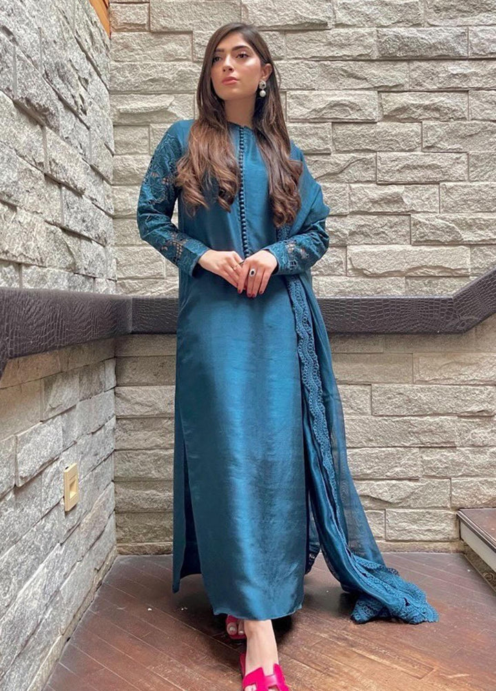 Hues Atelier Pret Embroidered Raw Silk 3 Piece Suit HA23LP Peacock Teal