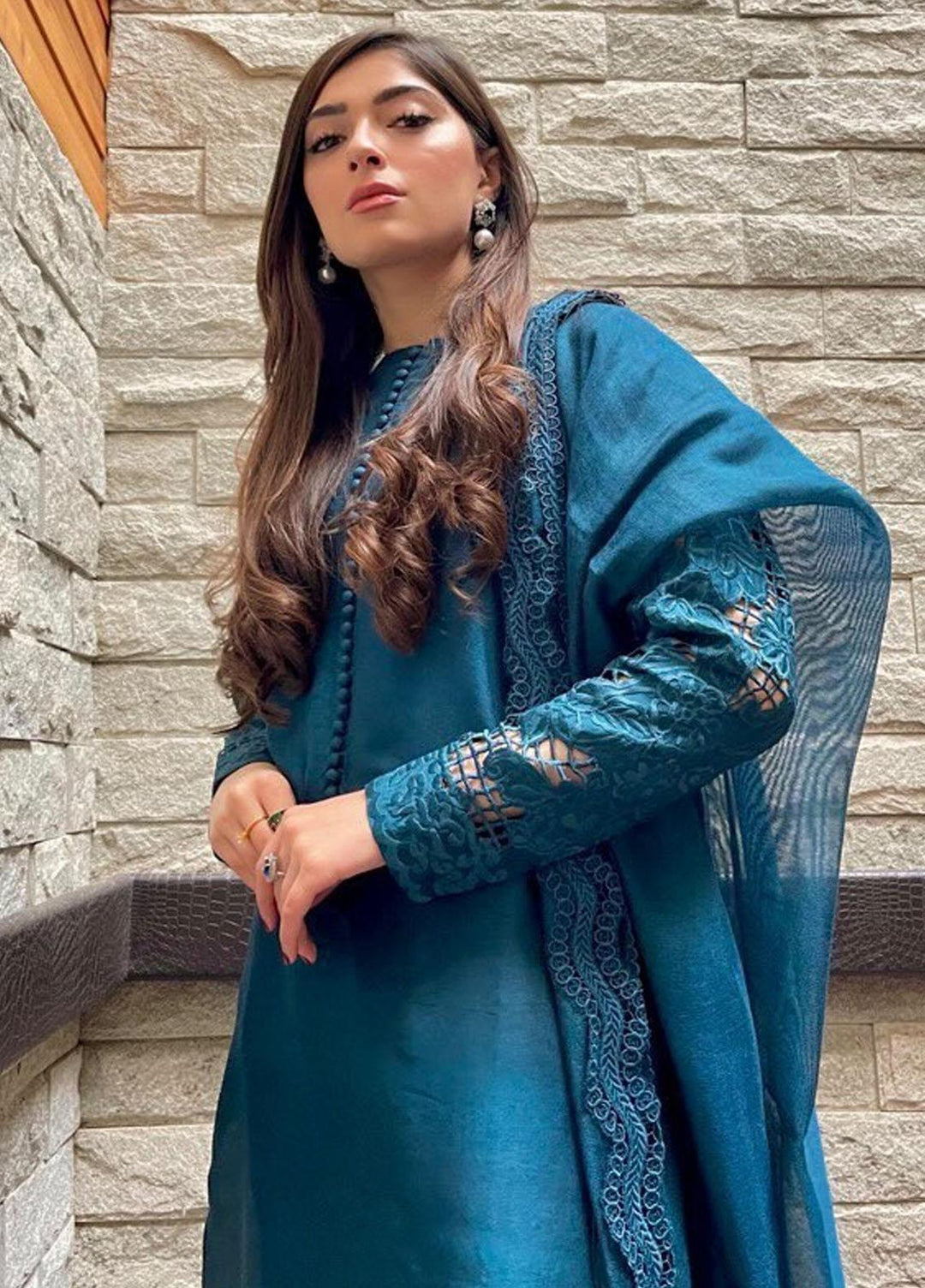 Hues Atelier Pret Embroidered Raw Silk 3 Piece Suit HA23LP Peacock Teal