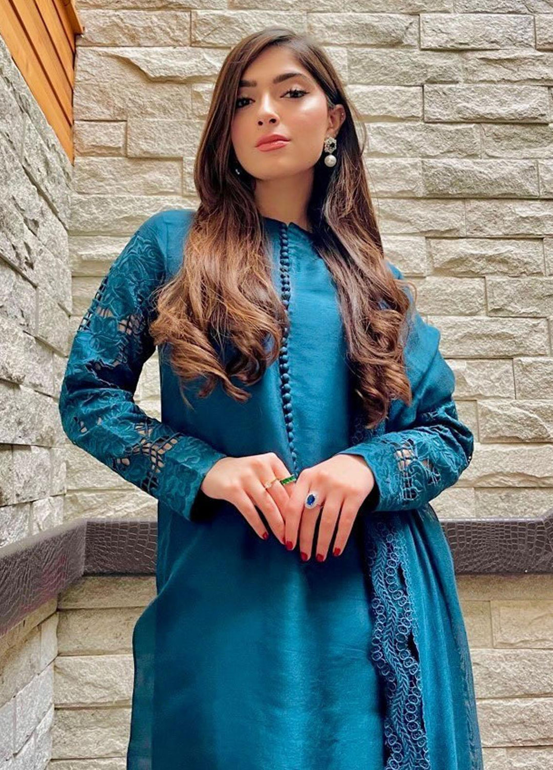Hues Atelier Pret Embroidered Raw Silk 3 Piece Suit HA23LP Peacock Teal