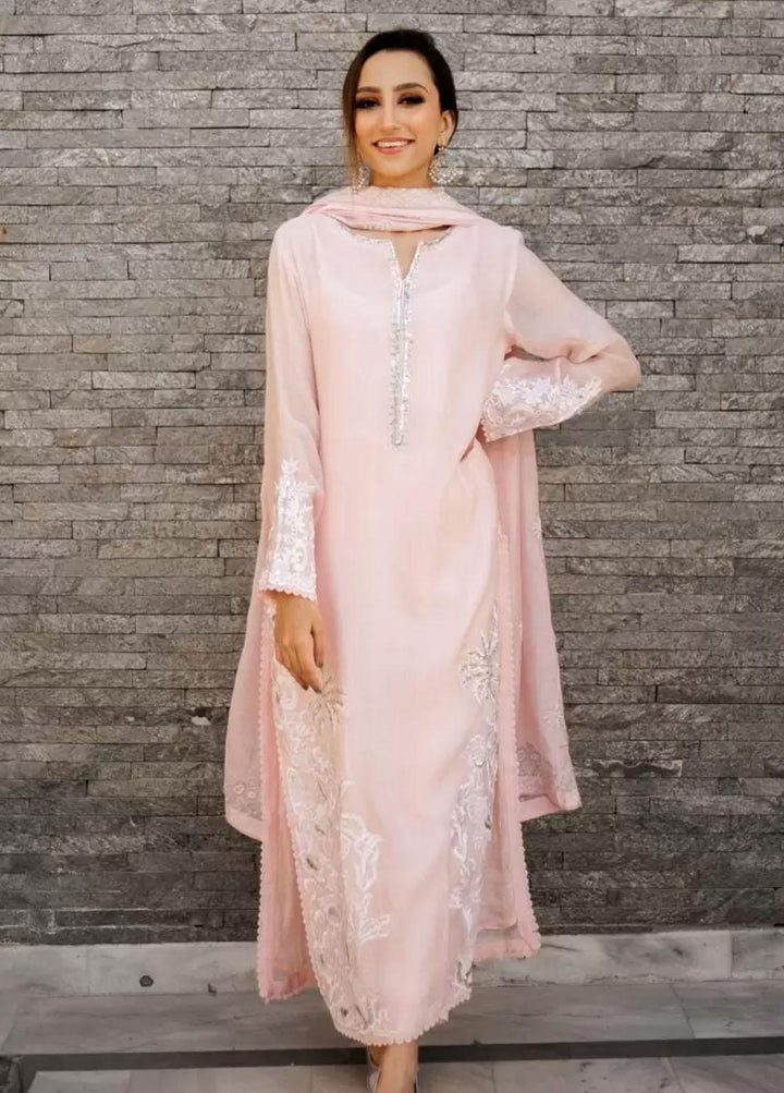 Hues Atelier Pret Embroidered Cotton Net 3 Piece Suit HA23LP Pink Palms