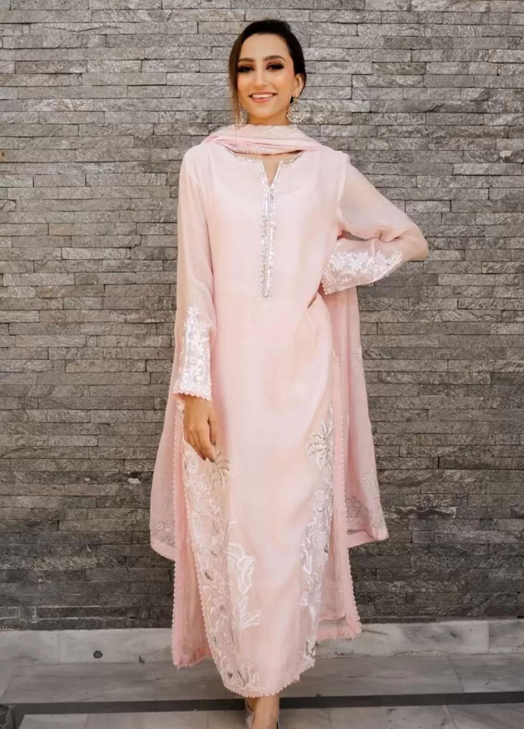 Hues Atelier Pret Embroidered Cotton Net 3 Piece Suit HA23LP Pink Palms