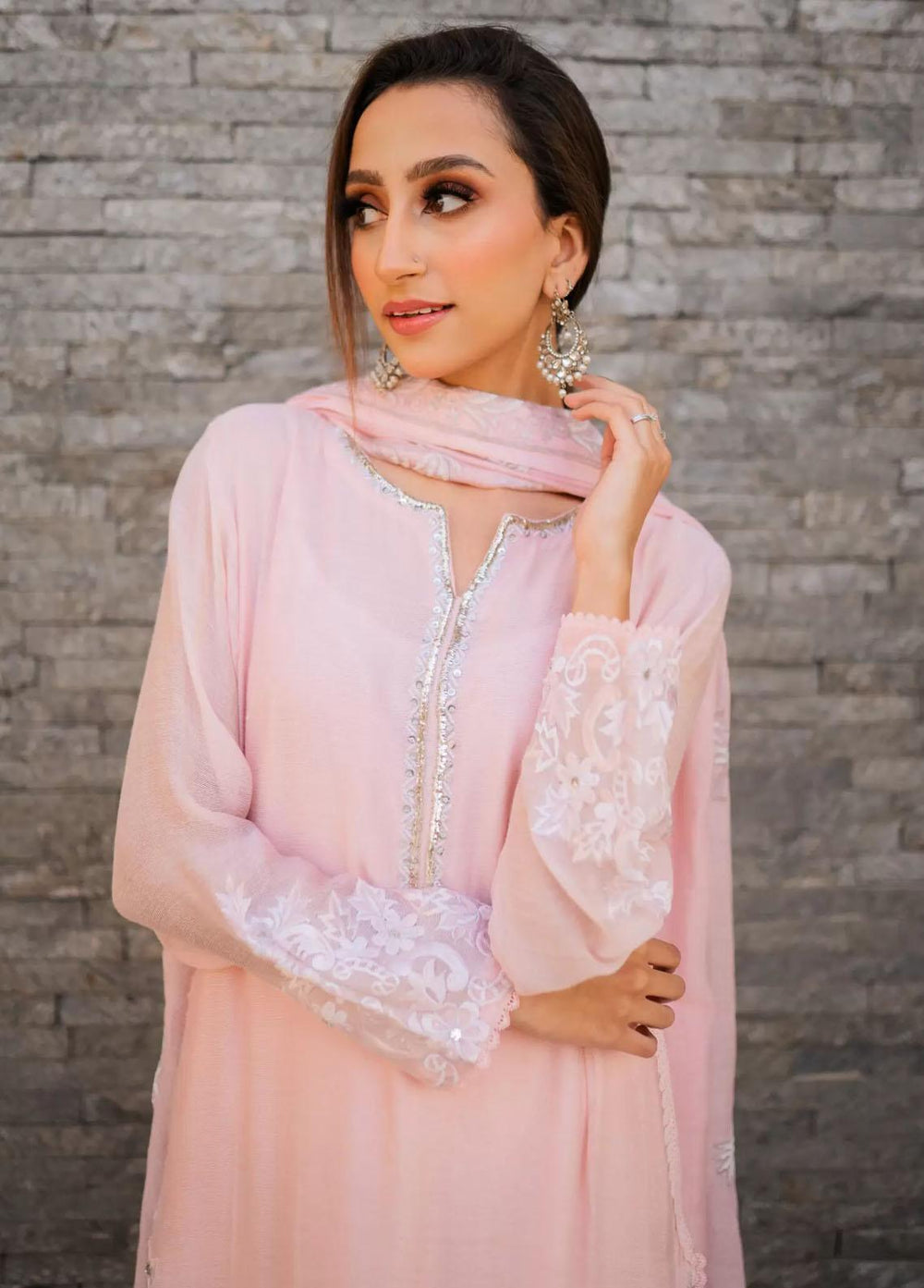Hues Atelier Pret Embroidered Cotton Net 3 Piece Suit HA23LP Pink Palms