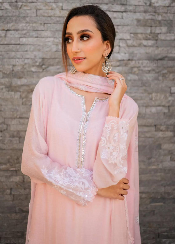 Hues Atelier Pret Embroidered Cotton Net 3 Piece Suit HA23LP Pink Palms