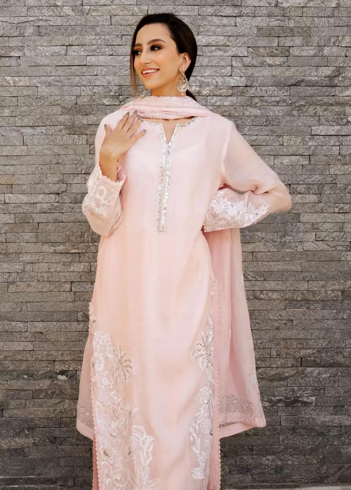 Hues Atelier Pret Embroidered Cotton Net 3 Piece Suit HA23LP Pink Palms