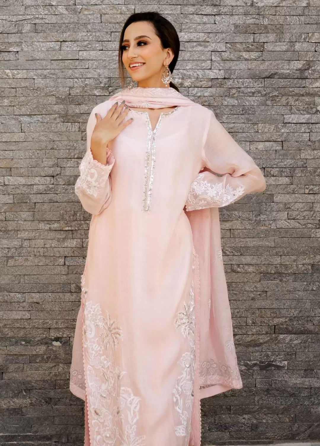 Hues Atelier Pret Embroidered Cotton Net 3 Piece Suit HA23LP Pink Palms