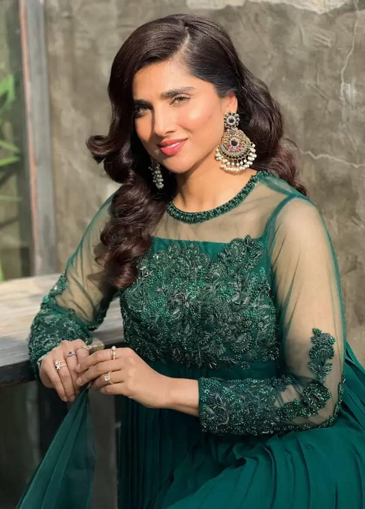 Hues Atelier Pret Embroidered Chiffon 3 Piece Suit HA23LP Pleated Green