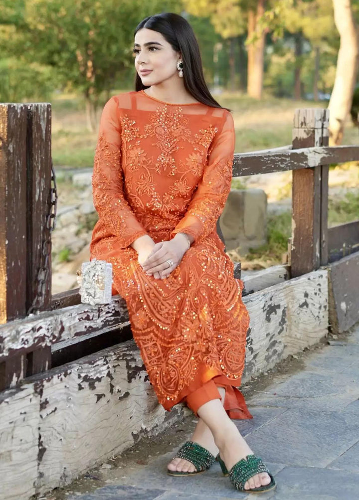 Hues Atelier Pret Embroidered Organza 3 Piece Suit HA23LP Rustic Orange