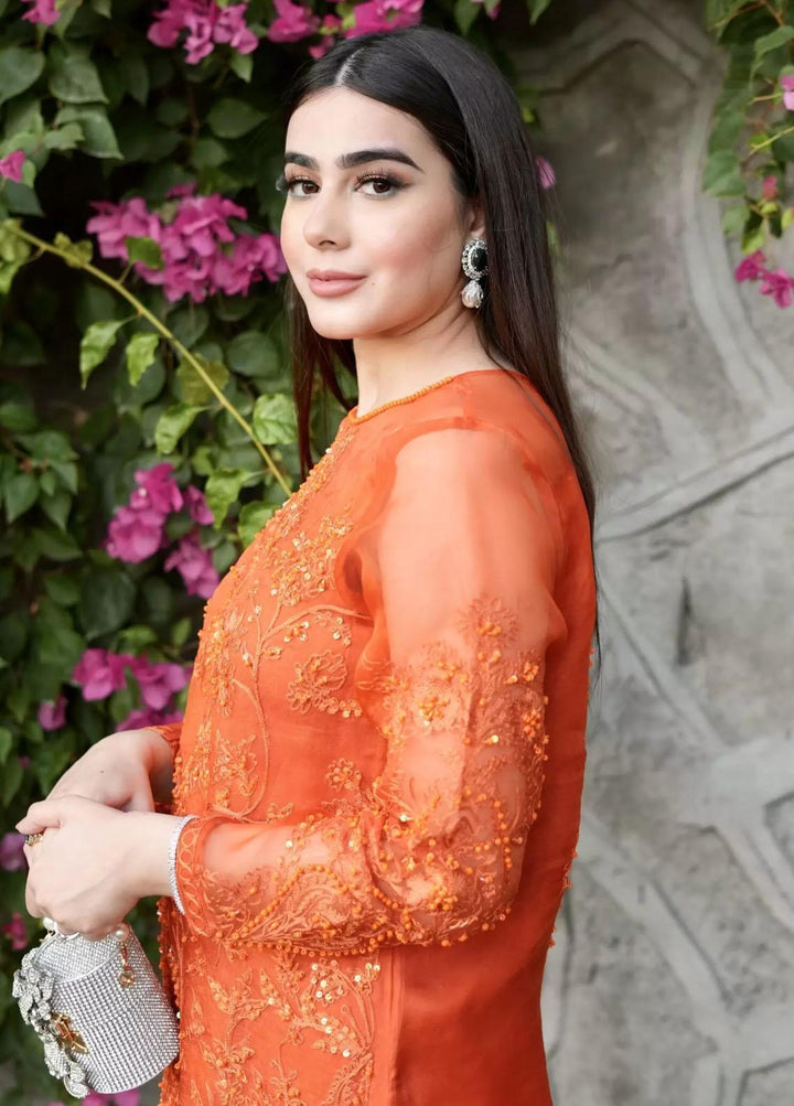Hues Atelier Pret Embroidered Organza 3 Piece Suit HA23LP Rustic Orange
