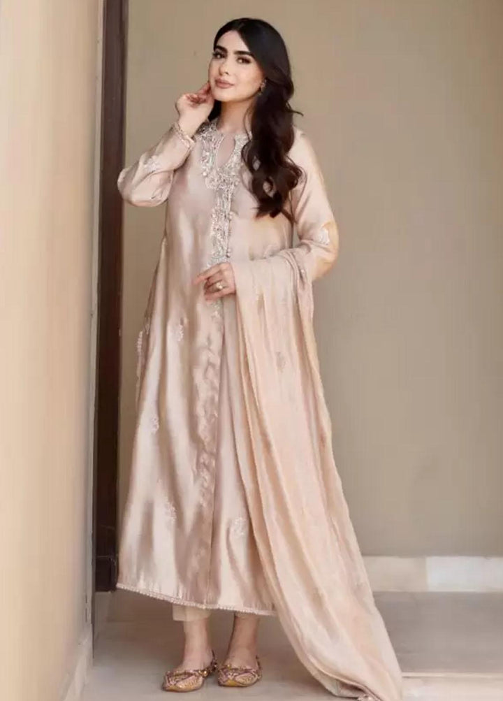 Hues Atelier Pret Embroidered Cotton Net 3 Piece Suit HA23LP Soft Beige