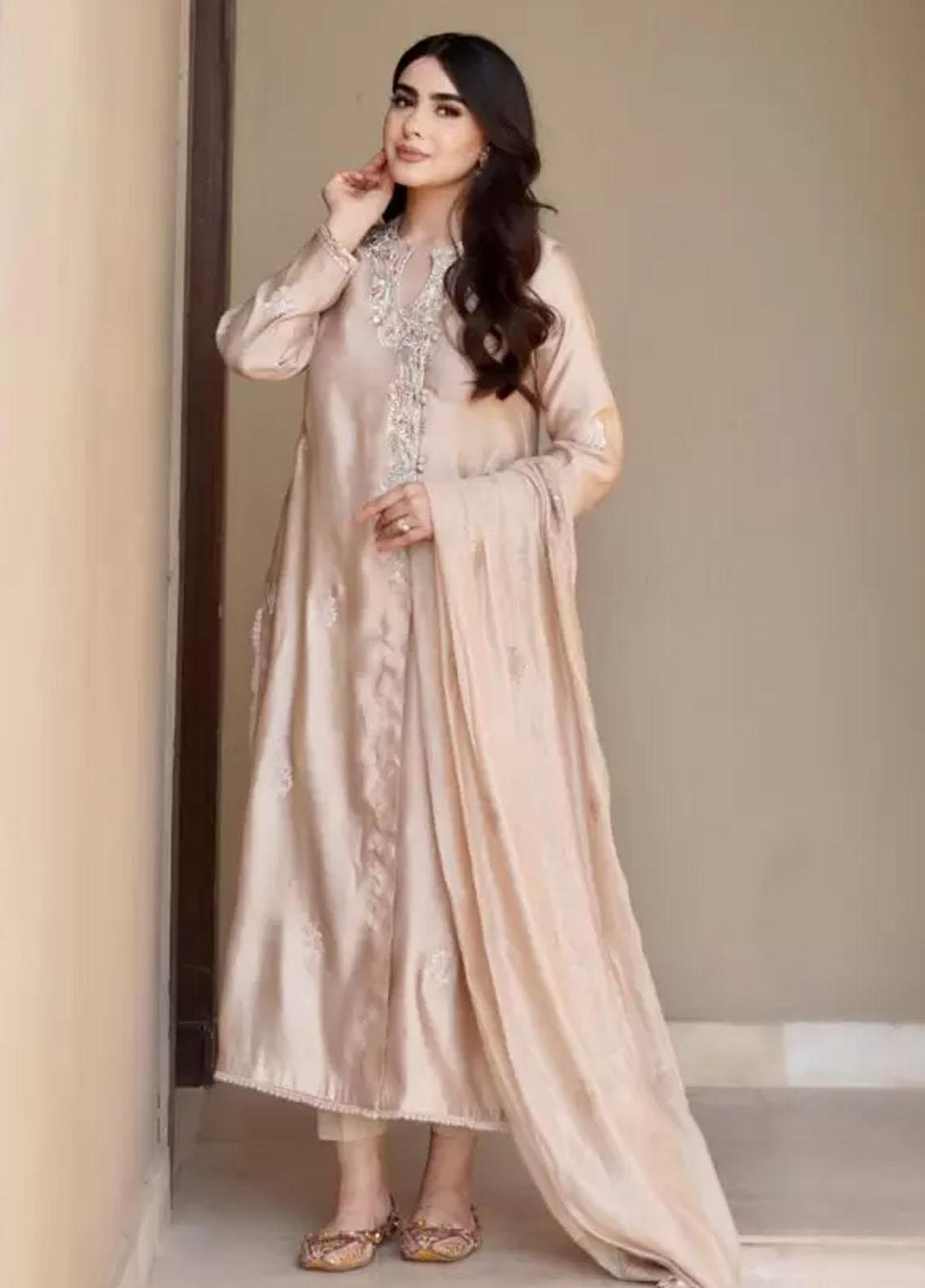 Hues Atelier Pret Embroidered Cotton Net 3 Piece Suit HA23LP Soft Beige