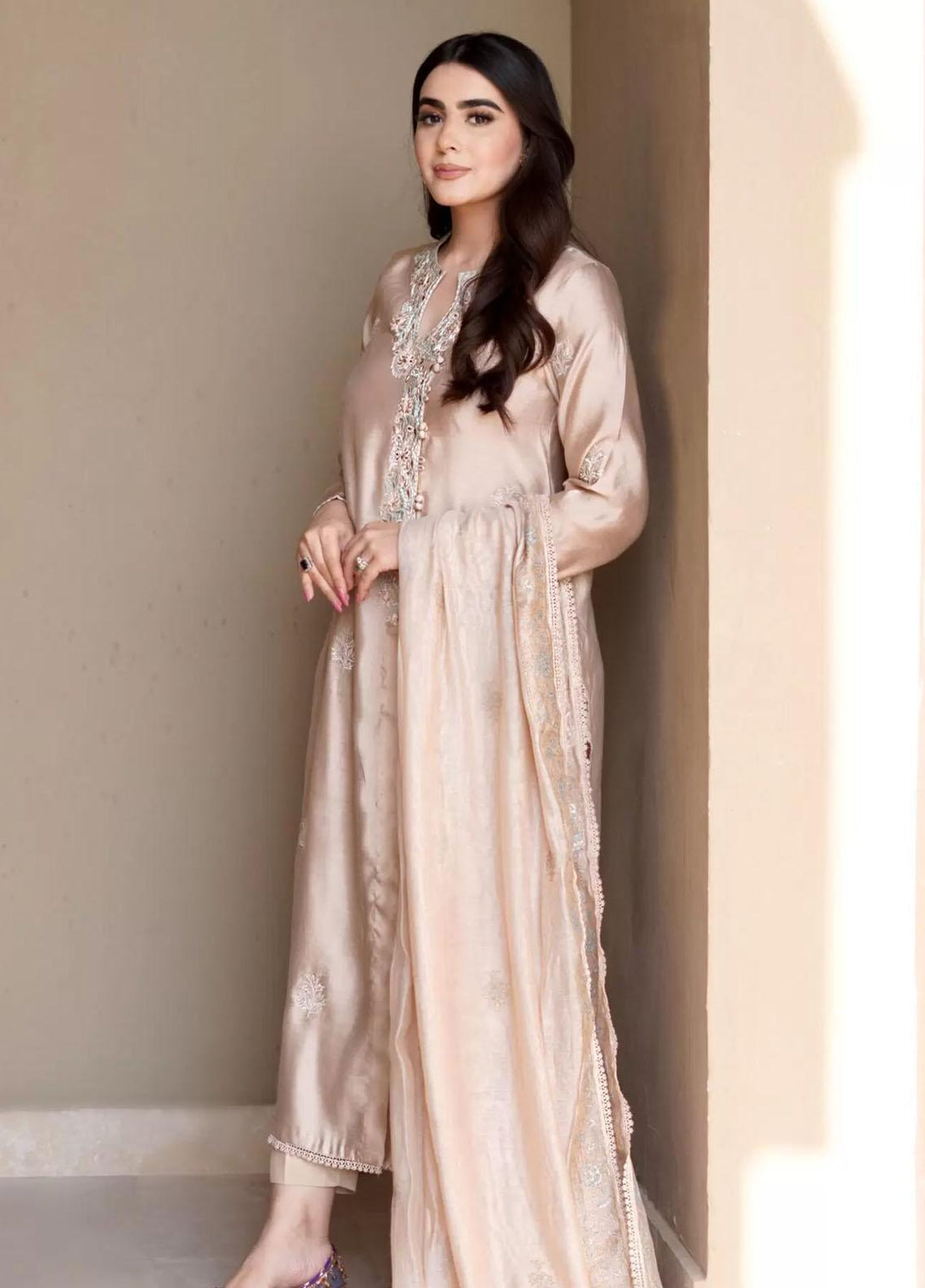 Hues Atelier Pret Embroidered Cotton Net 3 Piece Suit HA23LP Soft Beige