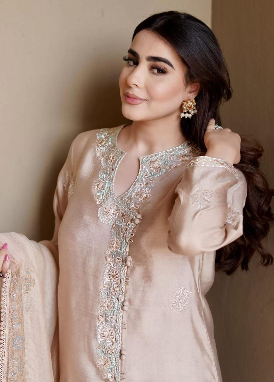 Hues Atelier Pret Embroidered Cotton Net 3 Piece Suit HA23LP Soft Beige