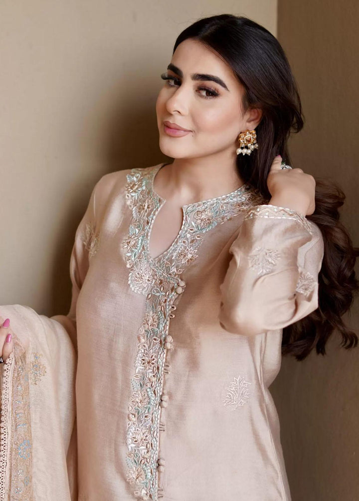 Hues Atelier Pret Embroidered Cotton Net 3 Piece Suit HA23LP Soft Beige