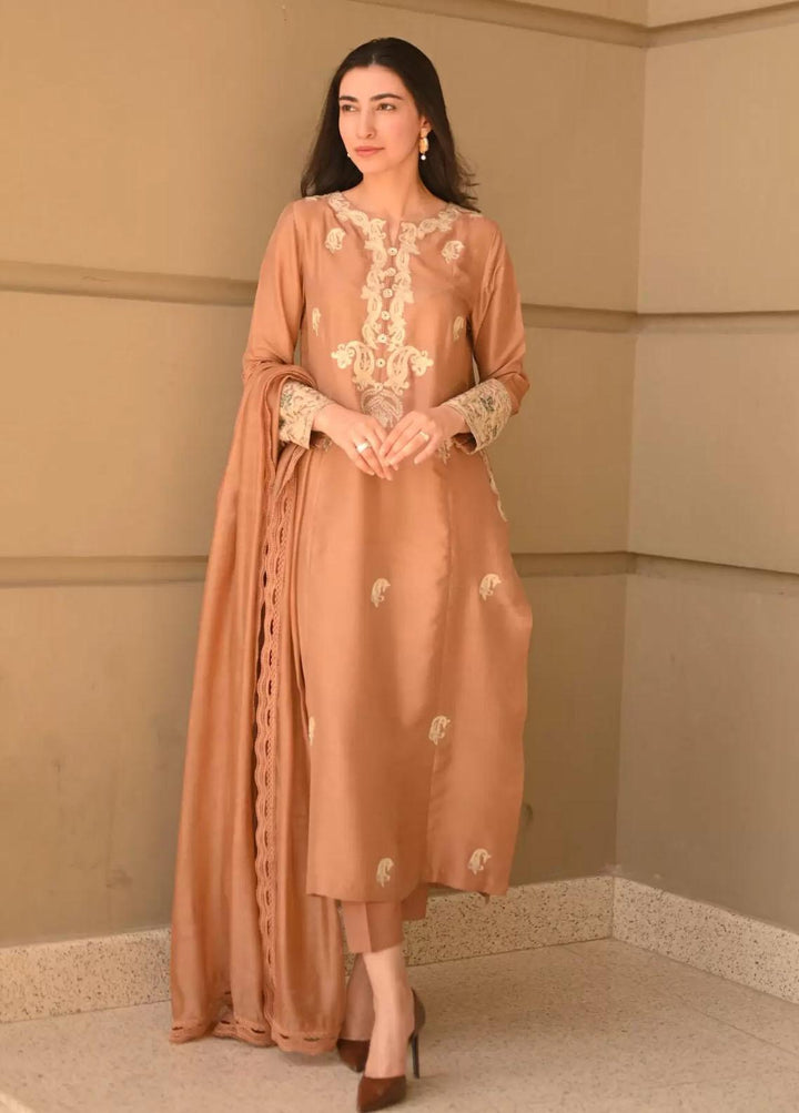 Hues Atelier Pret Embroidered Raw Silk 3 Piece Suit HA23LP Sugar Brown
