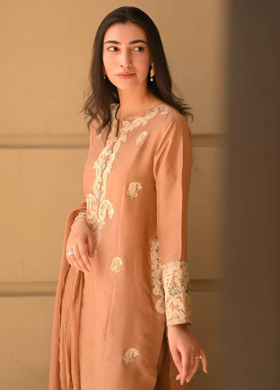 Hues Atelier Pret Embroidered Raw Silk 3 Piece Suit HA23LP Sugar Brown
