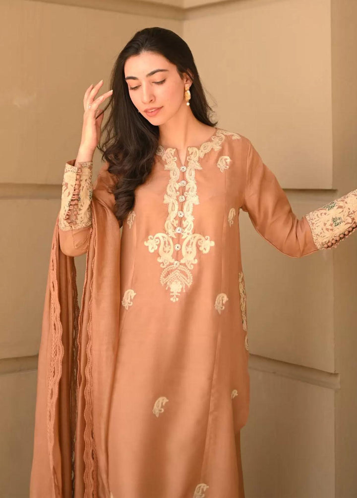 Hues Atelier Pret Embroidered Raw Silk 3 Piece Suit HA23LP Sugar Brown