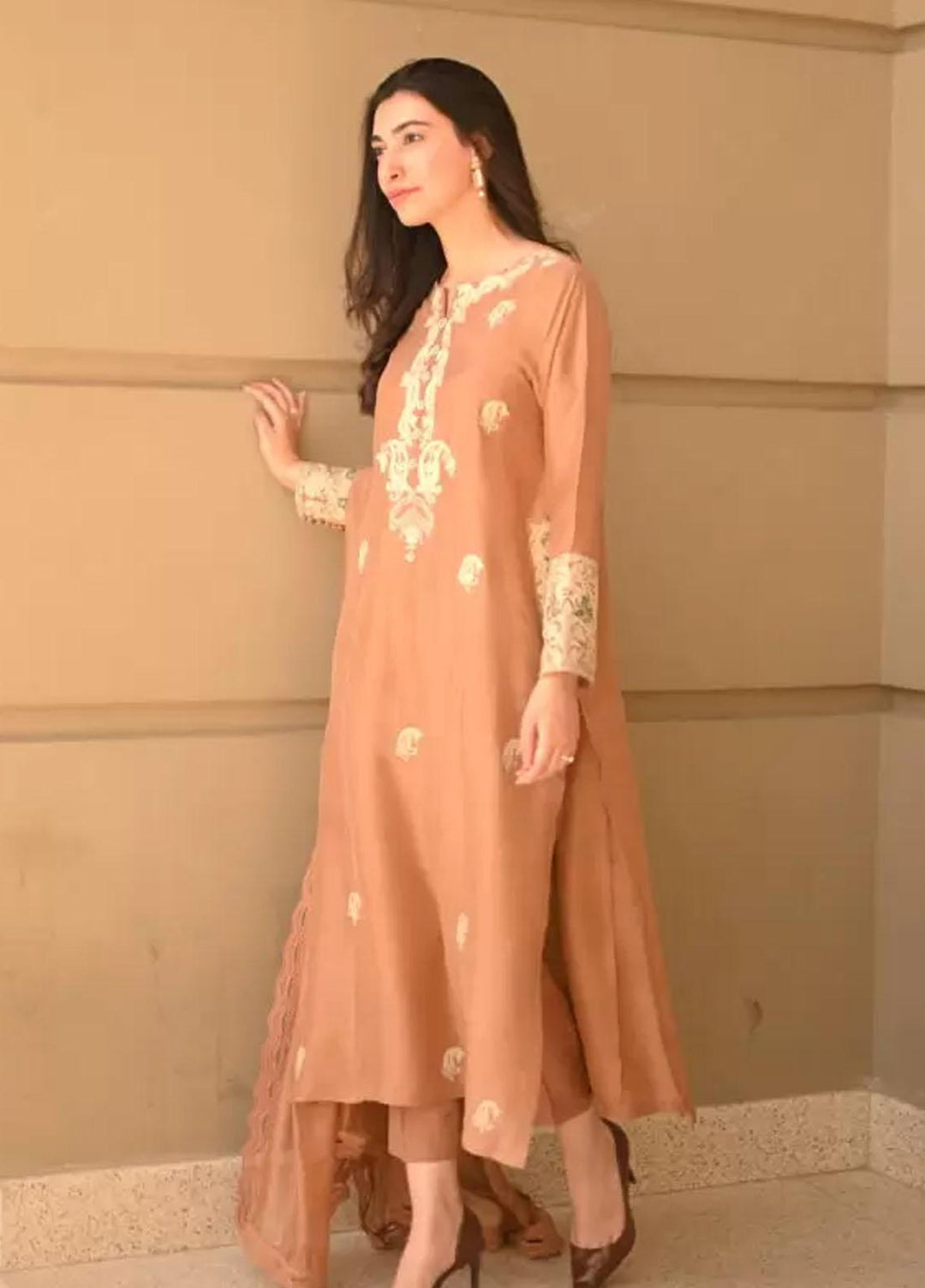 Hues Atelier Pret Embroidered Raw Silk 3 Piece Suit HA23LP Sugar Brown