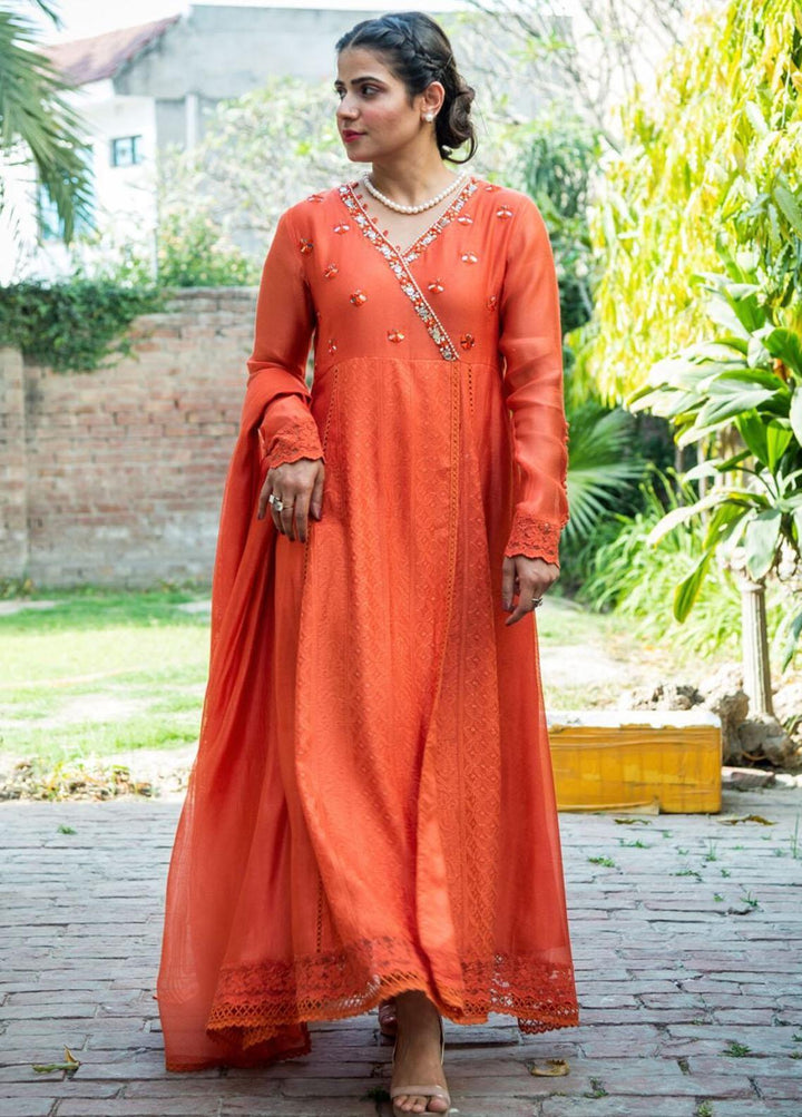 Hues Atelier Pret Embroidered Chikankari 2 Piece Suit HA23LP Tangerine Mist