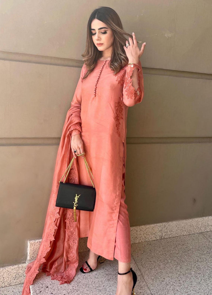 Hues Atelier Pret Embroidered Raw Silk 3 Piece Suit HA23LP Terracotta Pink