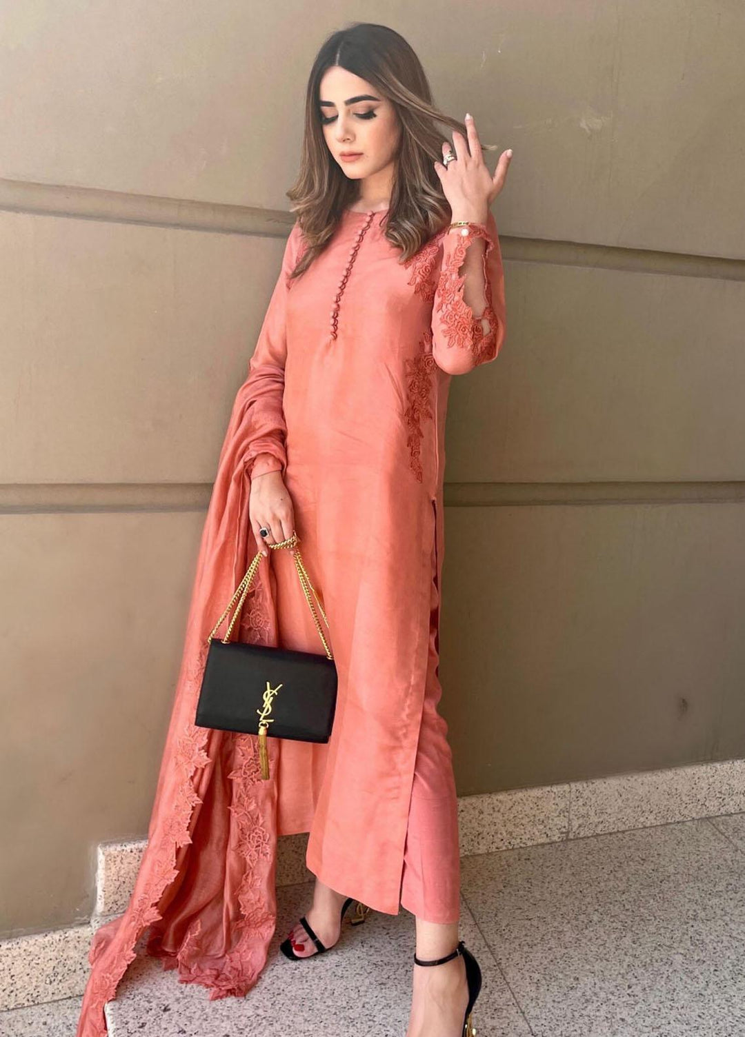 Hues Atelier Pret Embroidered Raw Silk 3 Piece Suit HA23LP Terracotta Pink