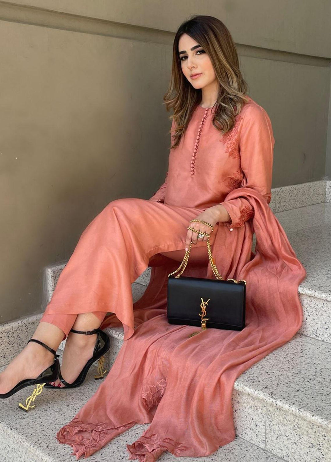 Hues Atelier Pret Embroidered Raw Silk 3 Piece Suit HA23LP Terracotta Pink