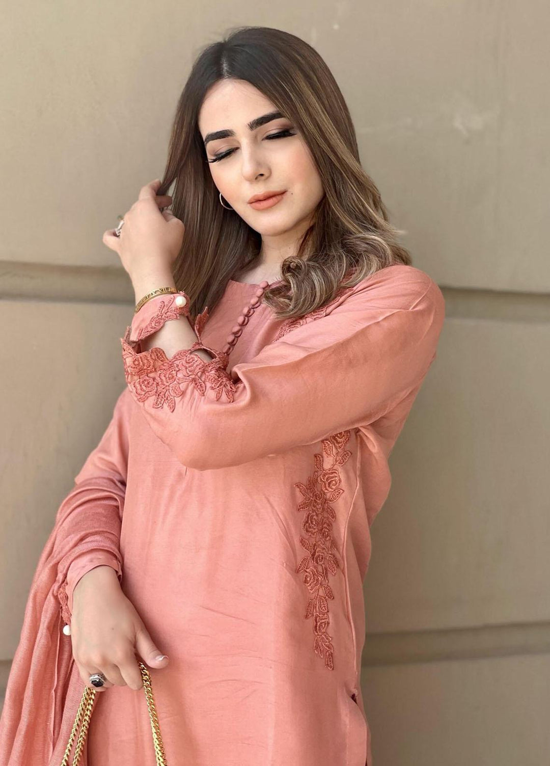 Hues Atelier Pret Embroidered Raw Silk 3 Piece Suit HA23LP Terracotta Pink